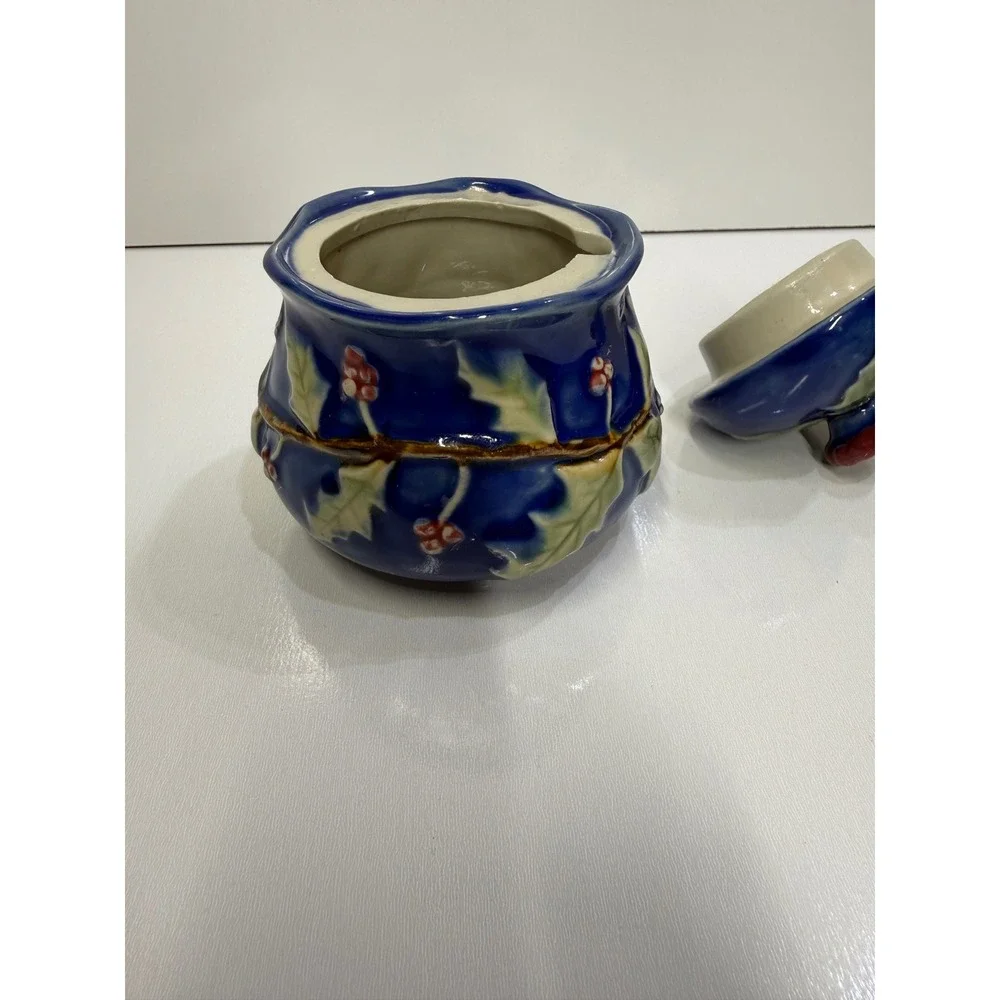 Blue Ceramic Holly Berry Jam Honey Pot with Lid Christmas Holiday Decor